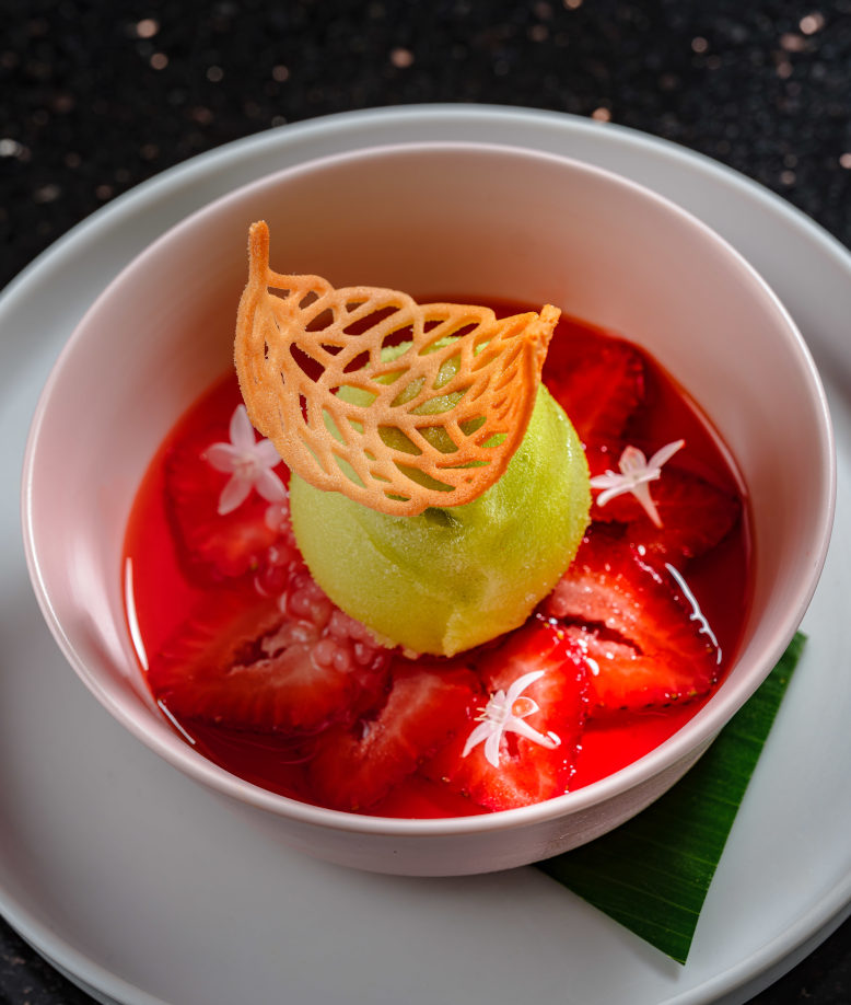 Strawberry consume topped with a sorbet